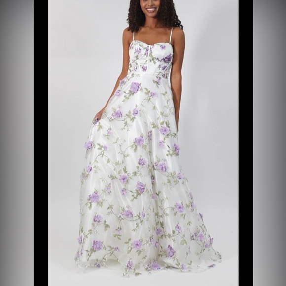 Dresses & Skirts - Floral Spaghetti-Strap Evening Gown - White with Lavender Flowers